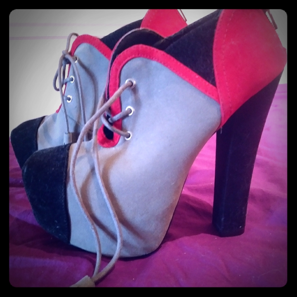 Black/Red/Grey Platform Booties
